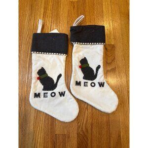 Cat-Themed Christmas Stockings With "Meow" Design Set Of 2 Black & White 13"